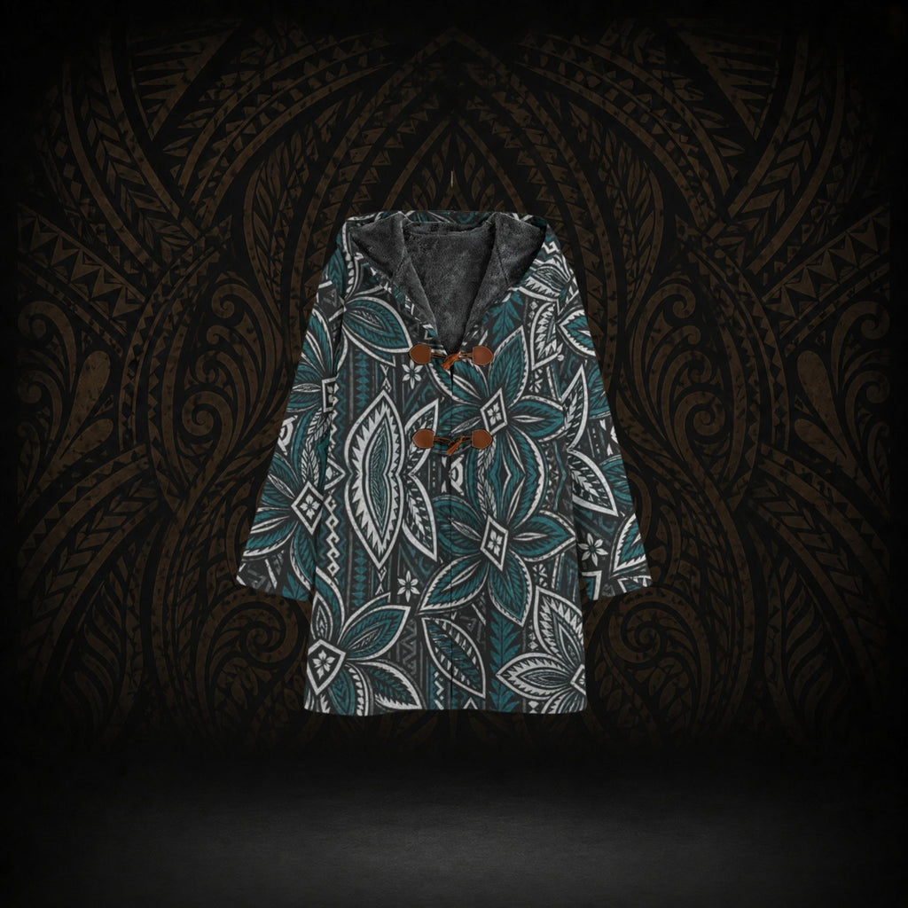 TEAL ISLAND BLOOM POLYNESIAN HOODED TRENCH COAT