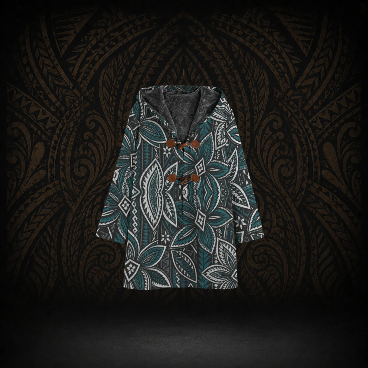 TEAL ISLAND BLOOM POLYNESIAN HOODED TRENCH COAT