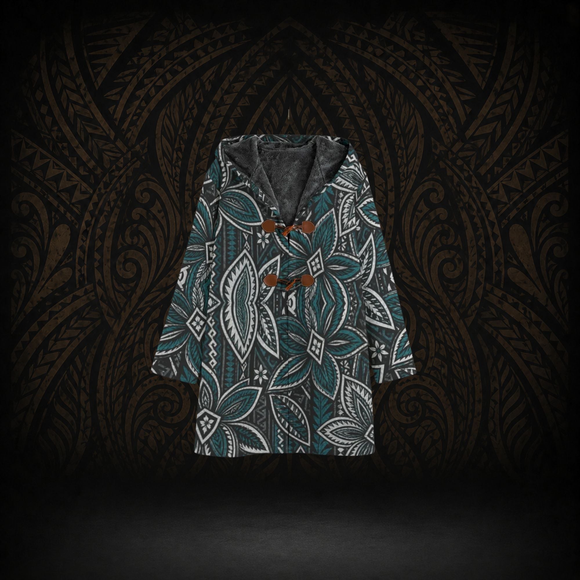 TEAL ISLAND BLOOM POLYNESIAN HOODED TRENCH COAT