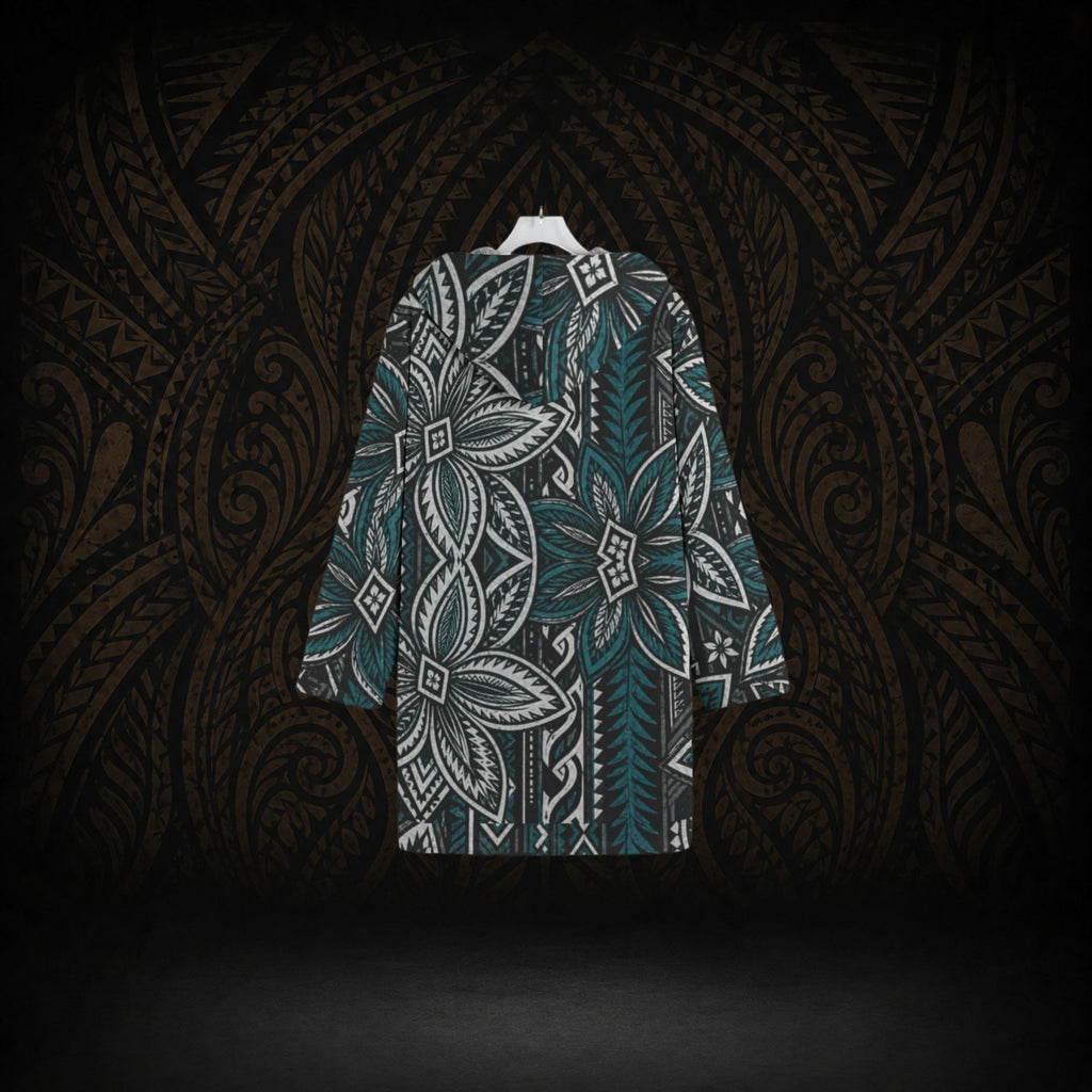 TEAL ISLAND BLOOM POLYNESIAN HOODED TRENCH COAT
