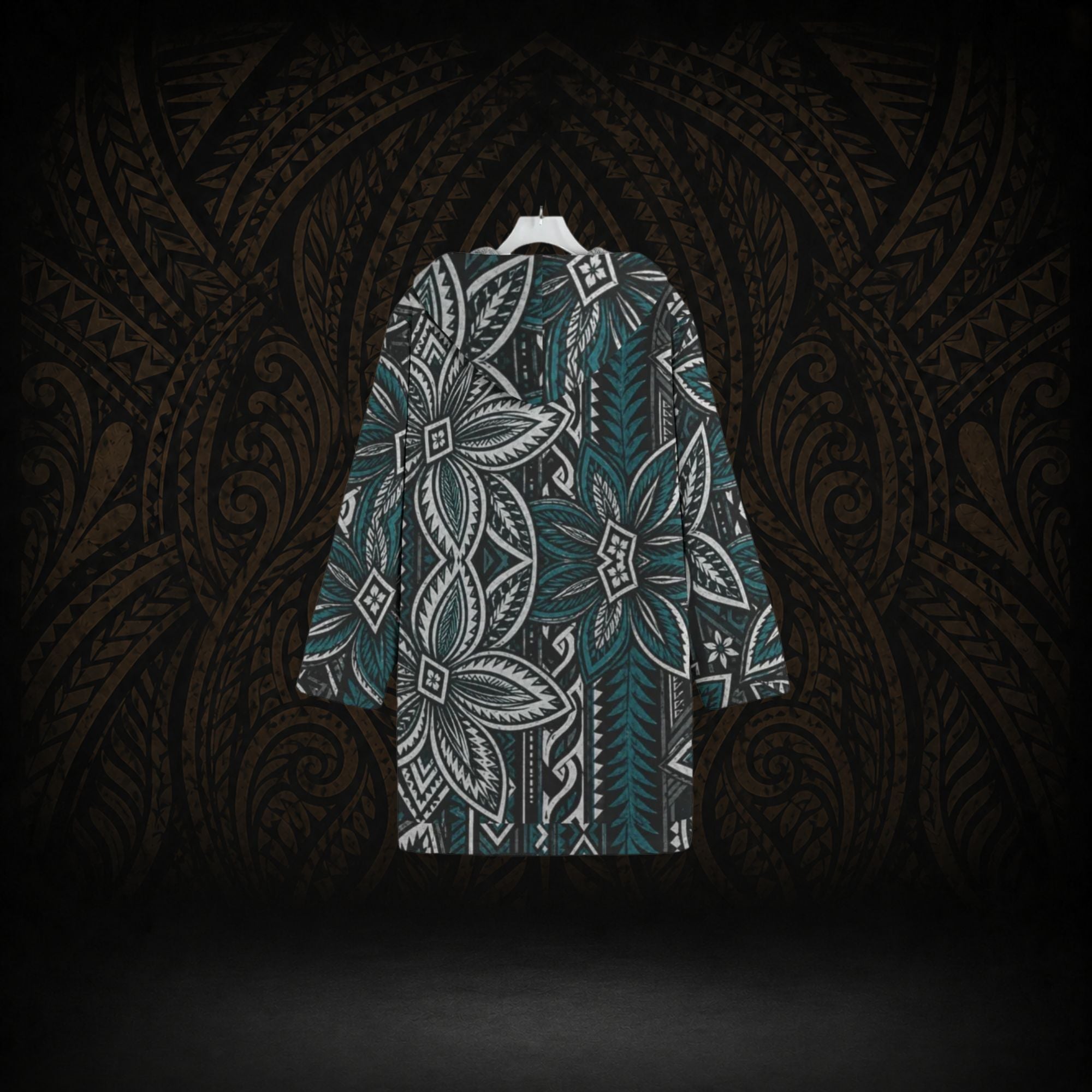TEAL ISLAND BLOOM POLYNESIAN HOODED TRENCH COAT