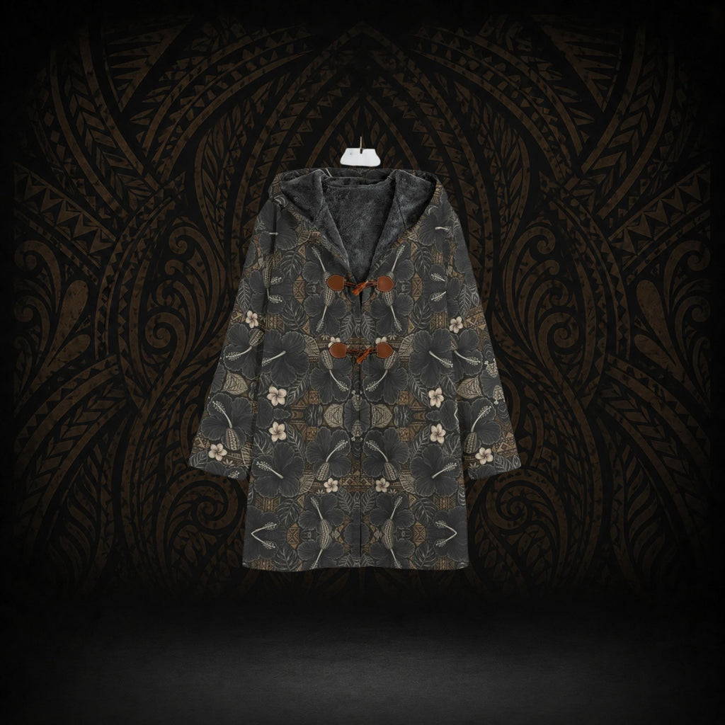 MIDNIGHT HIBISCUS TAPA HOODED TRENCH COAT