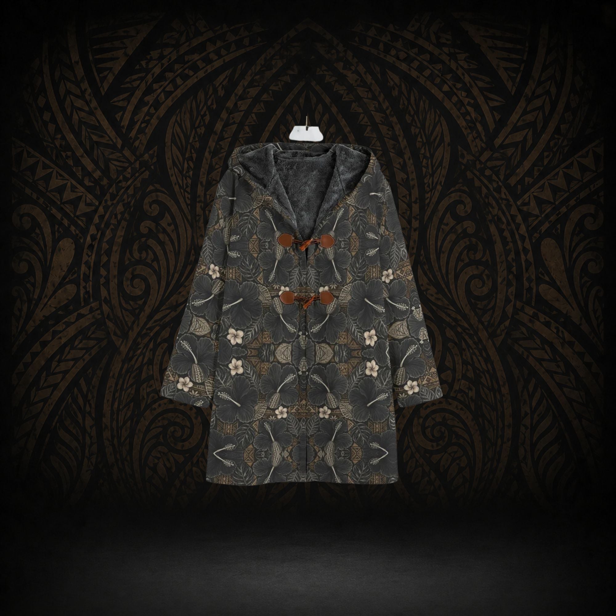 MIDNIGHT HIBISCUS TAPA HOODED TRENCH COAT