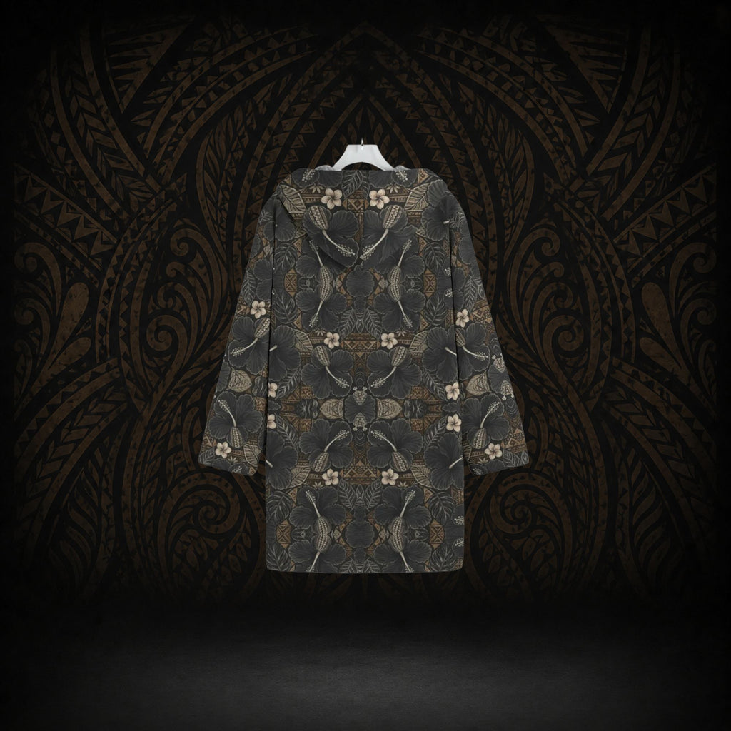 MIDNIGHT HIBISCUS TAPA HOODED TRENCH COAT