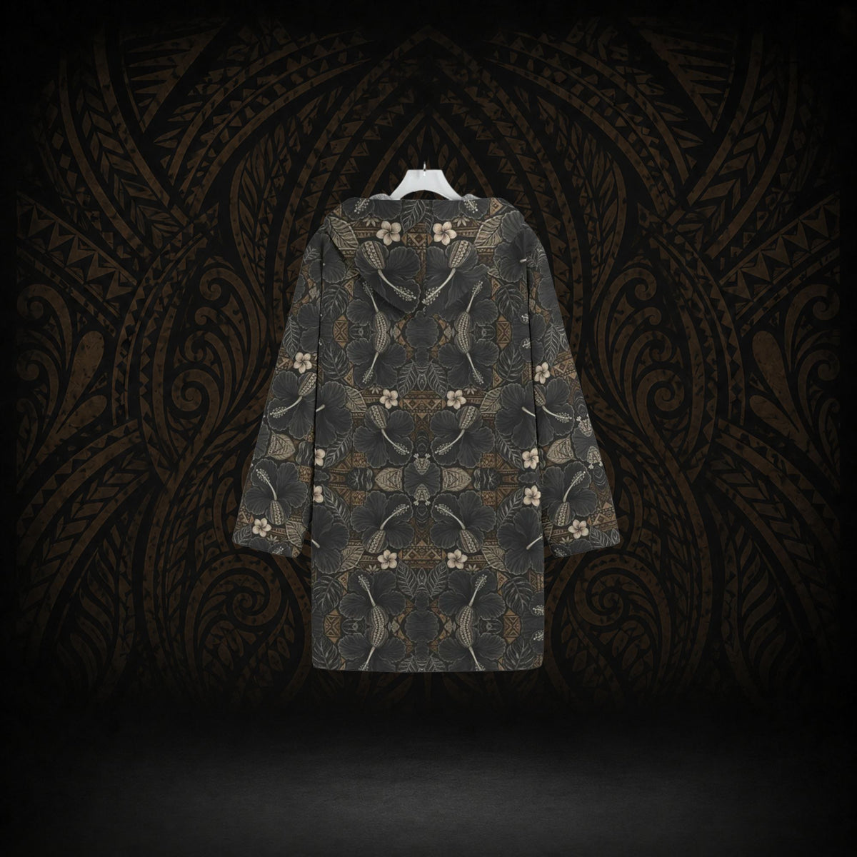 MIDNIGHT HIBISCUS TAPA HOODED TRENCH COAT