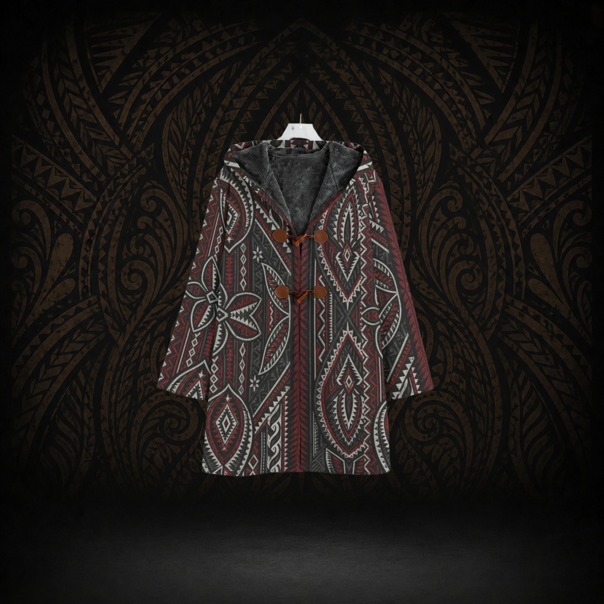 CRIMSON LEGACY POLYNESIAN HOODED TRENCH COAT