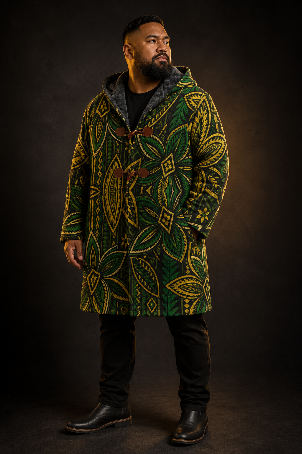 ISLAND EVERGREEN POLYNESIAN HOODED TRENCH COAT
