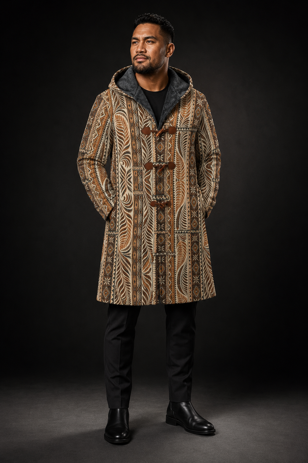 TAPA EARTHLINE POLYNESIAN HOODED TRENCH COAT