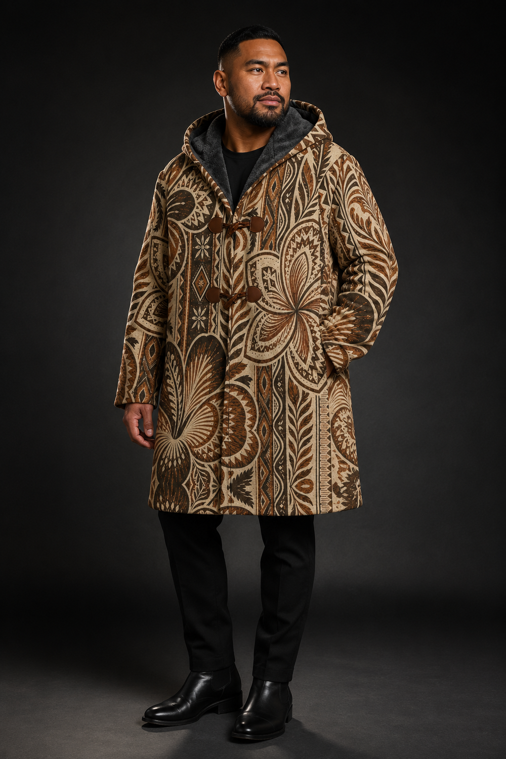 ISLAND EARTH BLOOM TAPA-INSPIRED HOODED TRENCH COAT