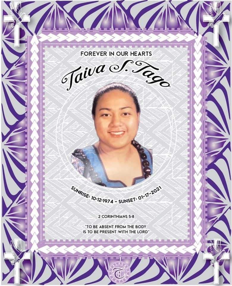Purple picture quilt design with a portrait and geometric island-inspired border